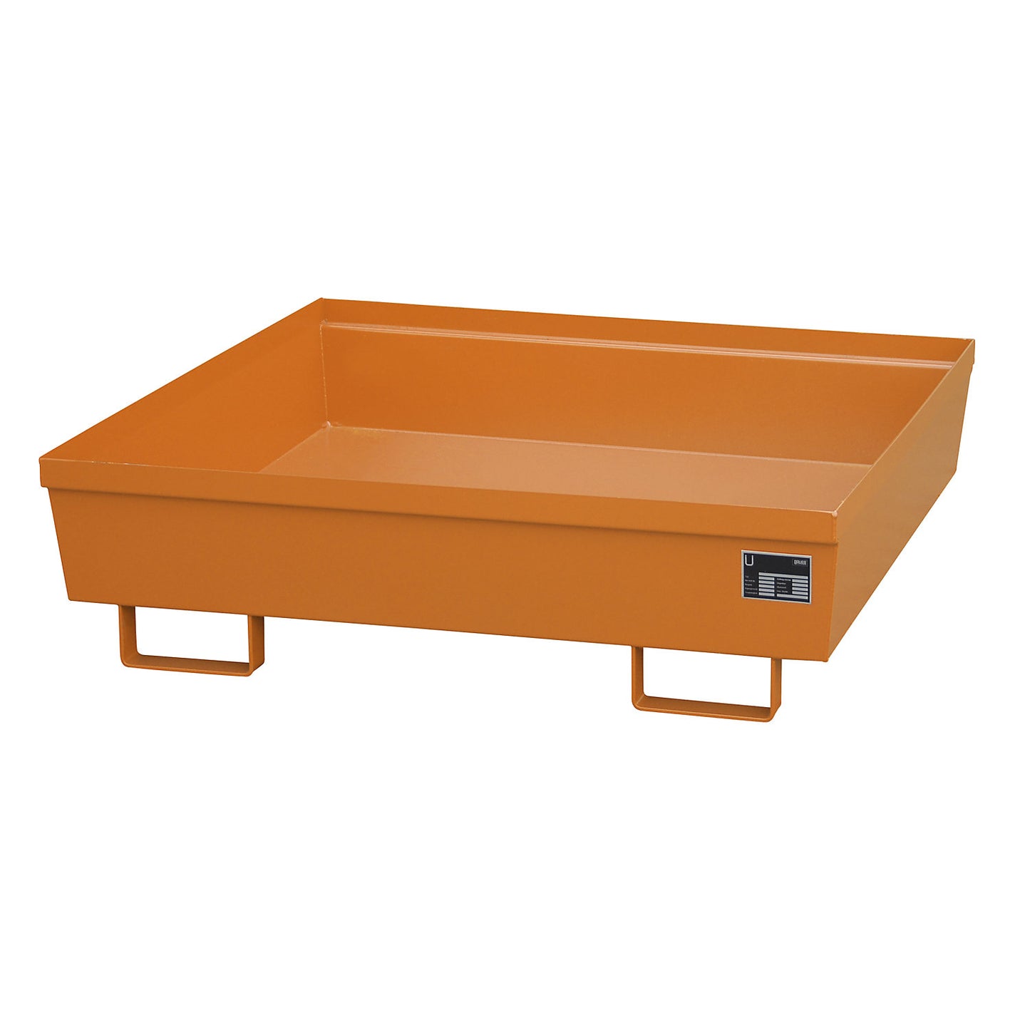 Steel sump tray with edge profiles, LxWxH 1200 x 1200 x 335 mm, without grate, orange RAL 2000.