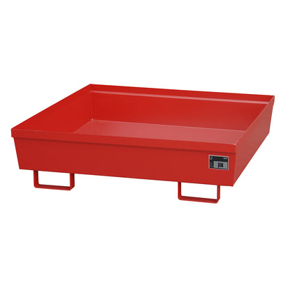Steel sump tray with edge profiles, LxWxH 1200 x 1200 x 335 mm, without grate, red RAL 3000.