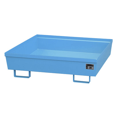 Steel sump tray with edge profiles, LxWxH 1200 x 1200 x 335 mm, without grate, blue RAL 5012.