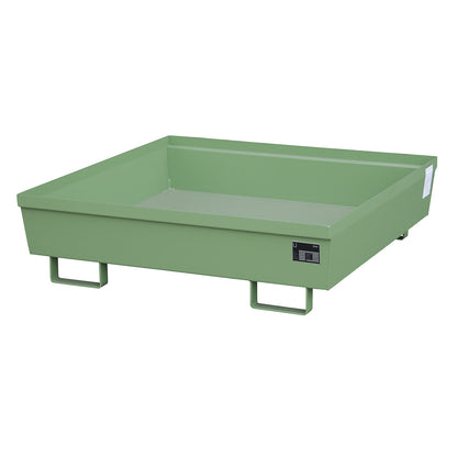Steel sump tray with edge profiles, LxWxH 1200 x 1200 x 335 mm, without grate, green RAL 6011.