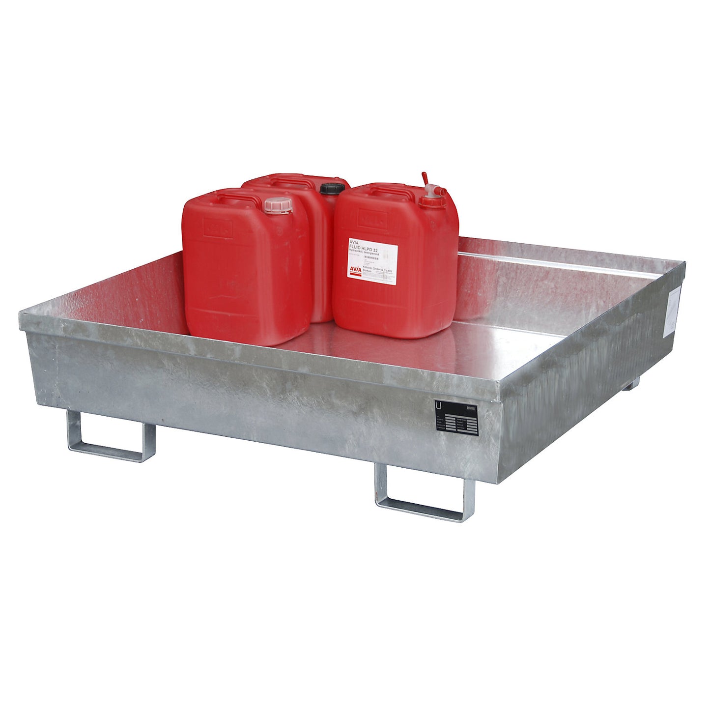 Steel sump tray with edge profiles, LxWxH 1200 x 1200 x 335 mm, without grate, hot dip galvanised.