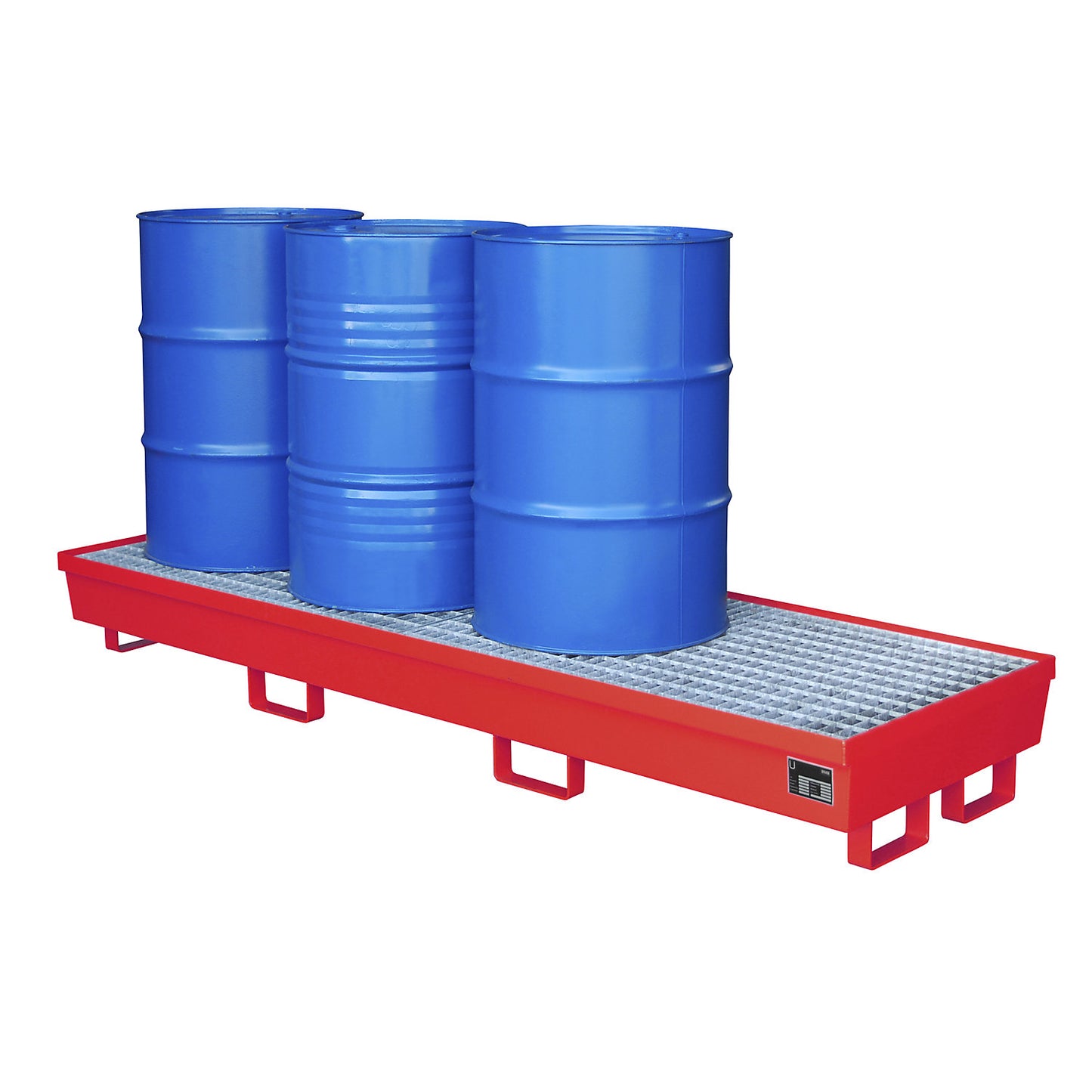 Steel sump tray with edge profiles, for 4 x 200 l drums, LxW 2400 x 800 mm, red RAL 3000.