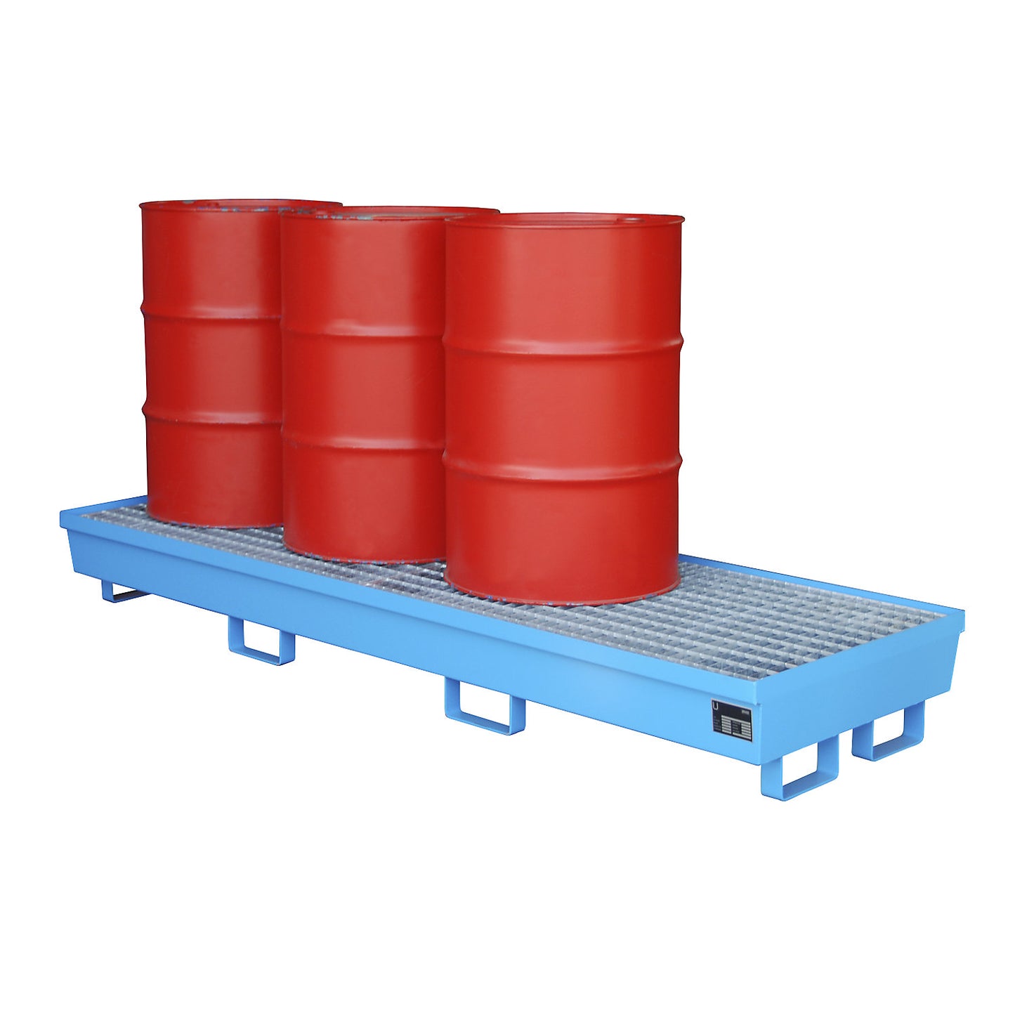 Steel sump tray with edge profiles, for 4 x 200 l drums, LxW 2400 x 800 mm, blue RAL 5012.