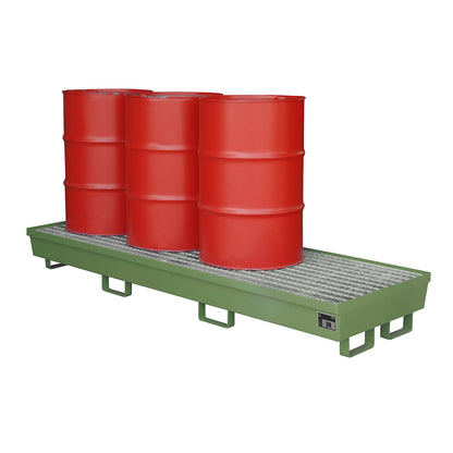 Steel sump tray with edge profiles, for 4 x 200 l drums, LxW 2400 x 800 mm, green RAL 6011.