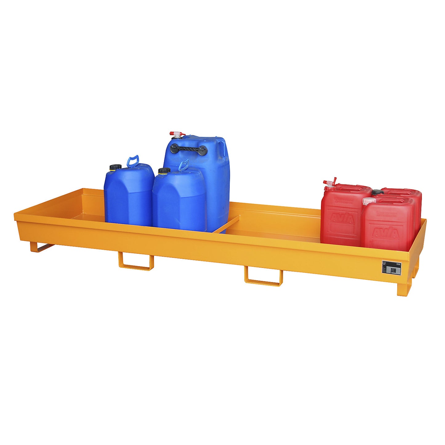 Steel sump tray with edge profiles, LxWxH 2400 x 800 x 285 mm, without grate, orange RAL 2000.