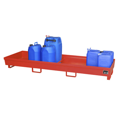 Steel sump tray with edge profiles, LxWxH 2400 x 800 x 285 mm, without grate, red RAL 3000.