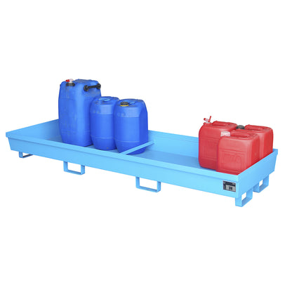 Steel sump tray with edge profiles, LxWxH 2400 x 800 x 285 mm, without grate, blue RAL 5012.