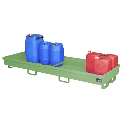 Steel sump tray with edge profiles, LxWxH 2400 x 800 x 285 mm, without grate, green RAL 6011.