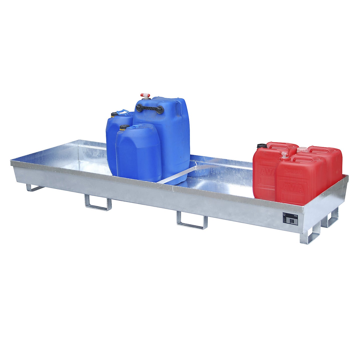 Steel sump tray with edge profiles, LxWxH 2400 x 800 x 285 mm, without grate, hot dip galvanised.