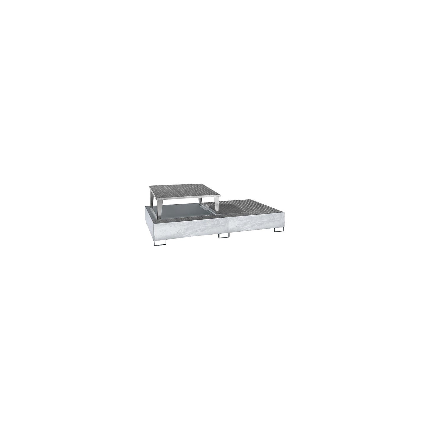 Steel sump tray for IBC/CTC tank containers, LxWxH 2650 x 1460 x 865 mm, with 1 filling attachment, sump capacity 1000 l, hot dip galvanised.