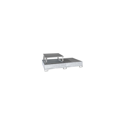 Steel sump tray for IBC/CTC tank containers, LxWxH 2650 x 1460 x 865 mm, with 1 filling attachment, sump capacity 1000 l, hot dip galvanised.
