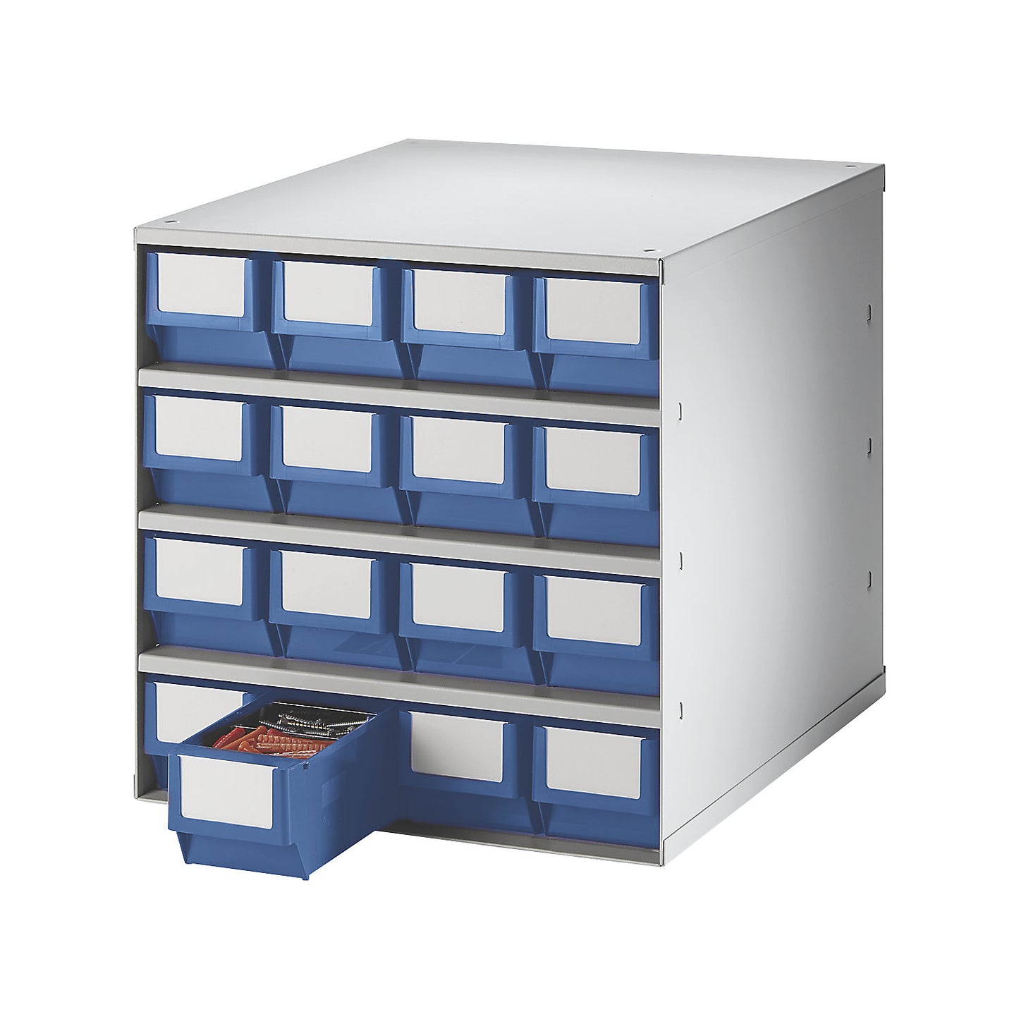 Drawer cabinet, max. housing load 75 kg, HxWxD 395 x 376 x 400 mm, 16 drawers, blue drawers.