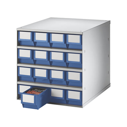 Drawer cabinet, max. housing load 75 kg, HxWxD 395 x 376 x 400 mm, 16 drawers, blue drawers.