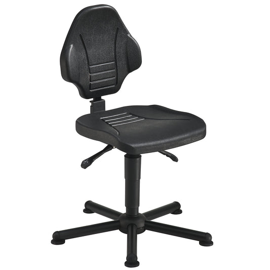 Heavy duty industrial swivel chair, supports up to 250 kg, with floor glides, height adjustment range 480 - 620 mm.