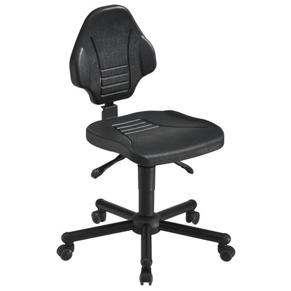Heavy duty industrial swivel chair, supports up to 250 kg, with castors, height adjustment range 480 - 610 mm.