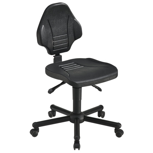 Heavy duty industrial swivel chair, supports up to 250 kg, with castors, height adjustment range 480 - 610 mm.