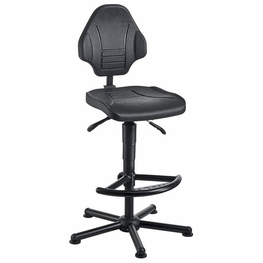 Heavy duty industrial swivel chair, supports up to 250 kg, with floor glides and foot rest, height adjustment range 590 - 840 mm.