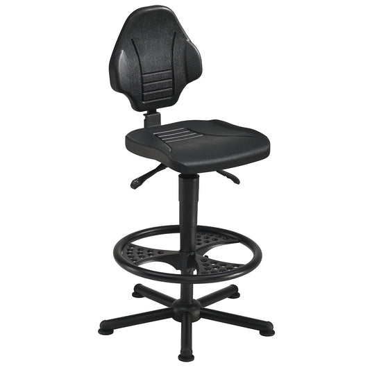 Heavy duty industrial swivel chair, supports up to 250 kg, with floor glides and foot ring, height adjustment range 590 - 840 mm.