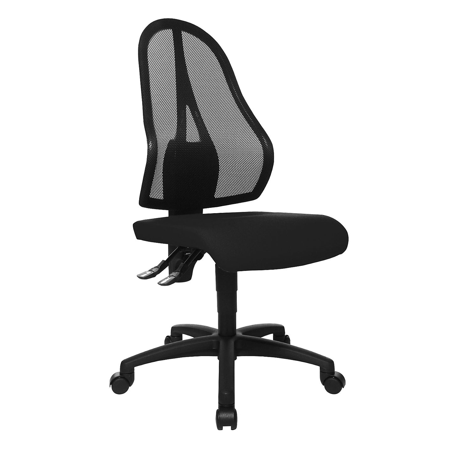 OPEN POINT P office swivel chair, mesh back rest in black, without arm rests, black seat cover.