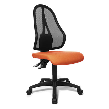 OPEN POINT P office swivel chair, mesh back rest in black, without arm rests, orange seat cover.