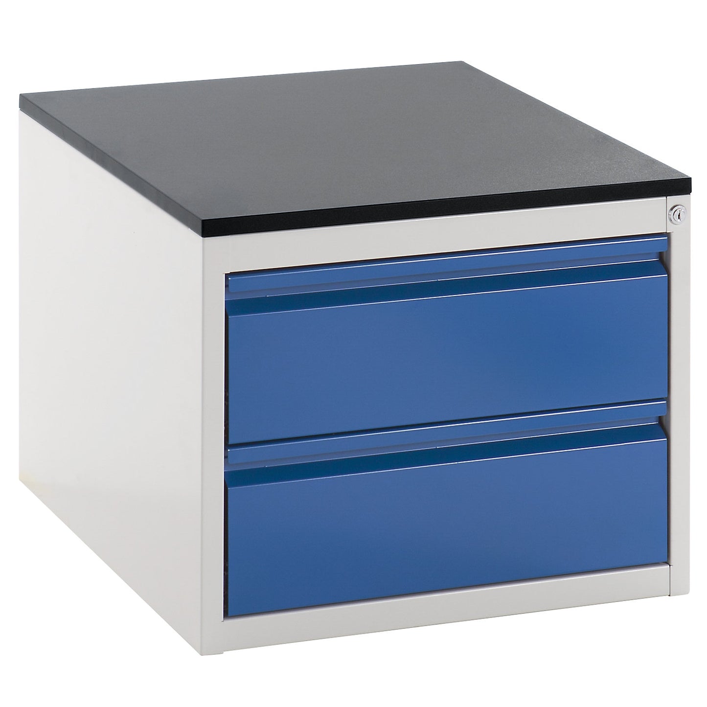 Drawer cupboard with telescopic guides, height 460 mm, 2 x 180 mm drawers, light grey / gentian blue, width 580 mm.