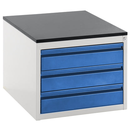 Drawer cupboard with telescopic guides, height 460 mm, 3 x 120 mm drawers, light grey / gentian blue, width 580 mm.