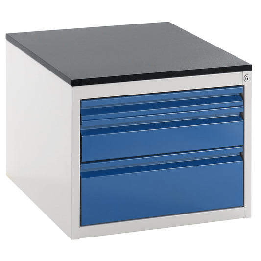Drawer cupboard with telescopic guides, height 460 mm, drawers: 1 x 60, 1 x 120, 1 x 180 mm, light grey / gentian blue, width 580 mm.