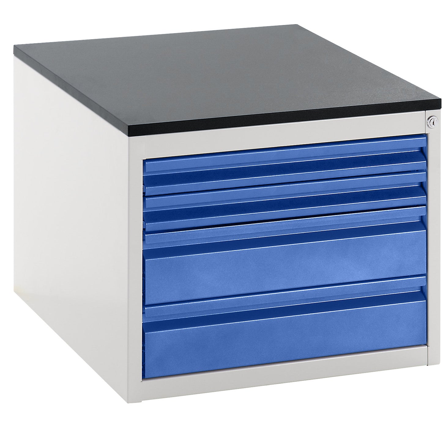 Drawer cupboard with telescopic guides, height 460 mm, drawers: 2 x 60, 2 x 120 mm, light grey / gentian blue, width 580 mm.