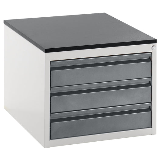 Drawer cupboard with telescopic guides, height 460 mm, 3 x 120 mm drawers, light grey / metallic charcoal, width 580 mm.