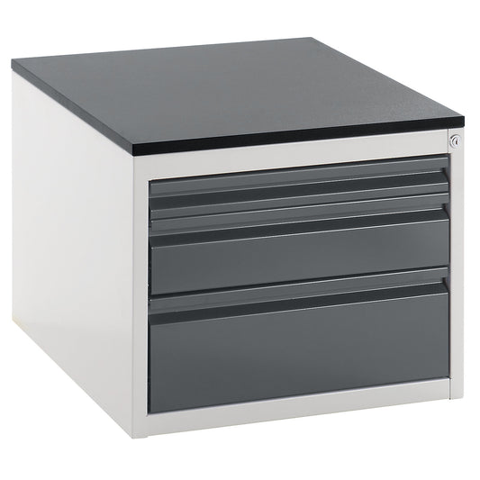 Drawer cupboard with telescopic guides, height 460 mm, drawers: 1 x 60, 1 x 120, 1 x 180 mm, light grey / metallic charcoal, width 580 mm.