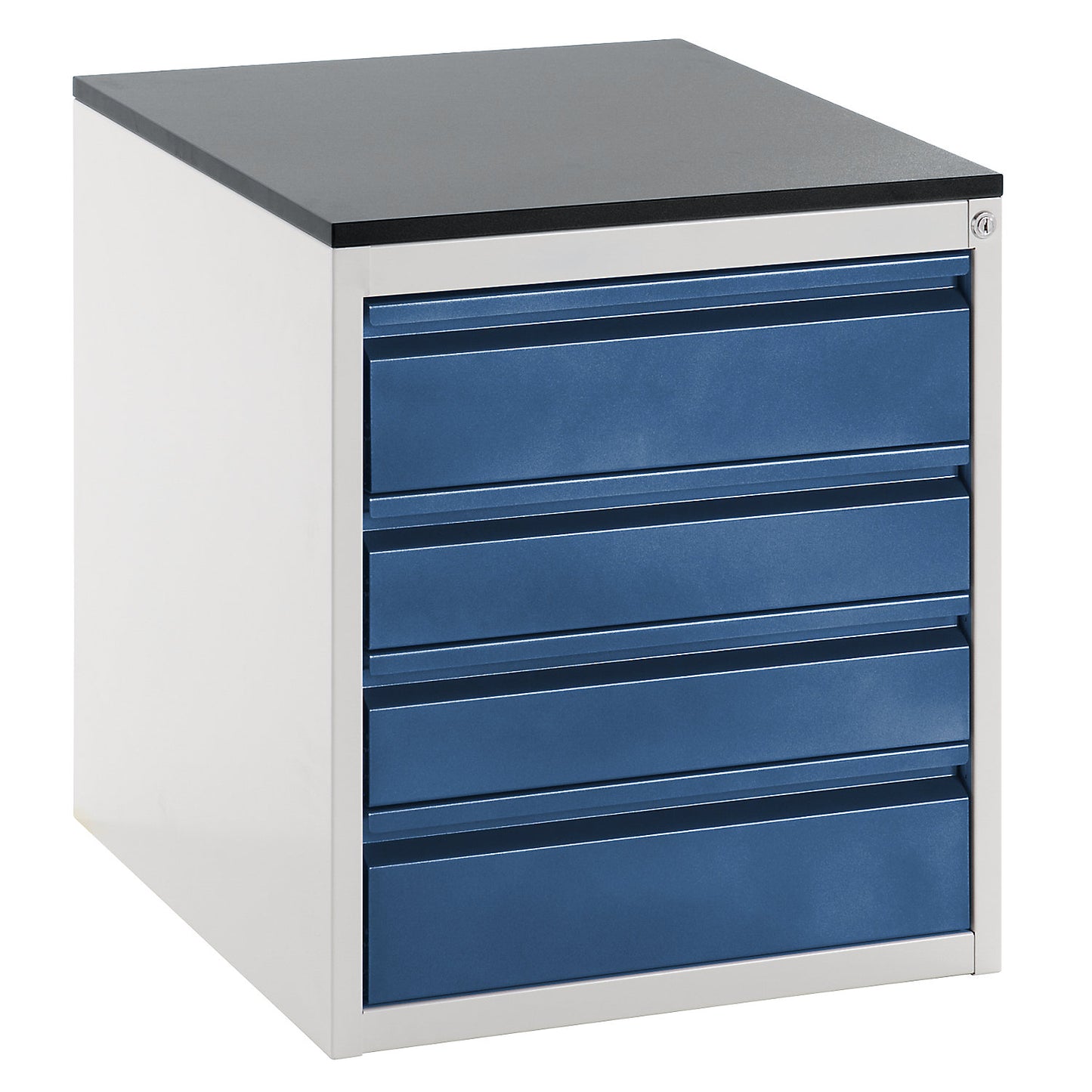 Drawer cupboard with telescopic guides, height 640 mm, drawers: 2 x 120, 2 x 150 mm, light grey / gentian blue, width 580 mm.