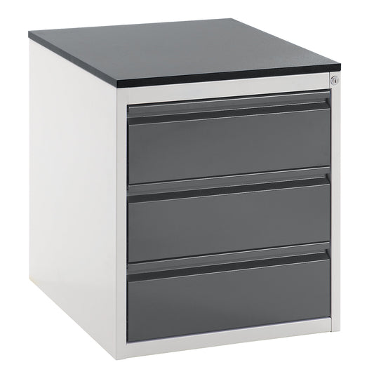 Drawer cupboard with telescopic guides, height 640 mm, 3 x 180 mm drawers, light grey / metallic charcoal, width 580 mm.