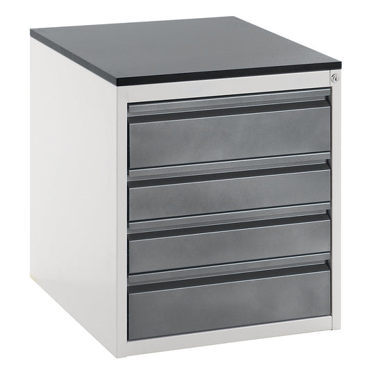 Drawer cupboard with telescopic guides, height 640 mm, drawers: 2 x 120, 2 x 150 mm, light grey / metallic charcoal, width 580 mm.