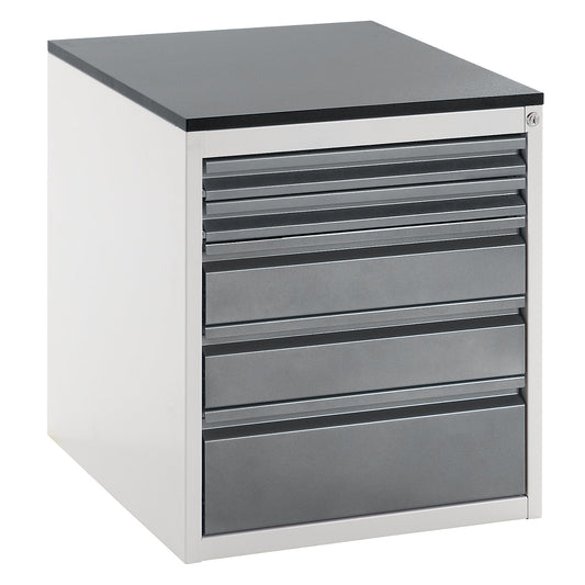 Drawer cupboard with telescopic guides, height 640 mm, drawers: 2 x 60, 2 x 120, 1 x 180 mm, light grey / metallic charcoal, width 580 mm.