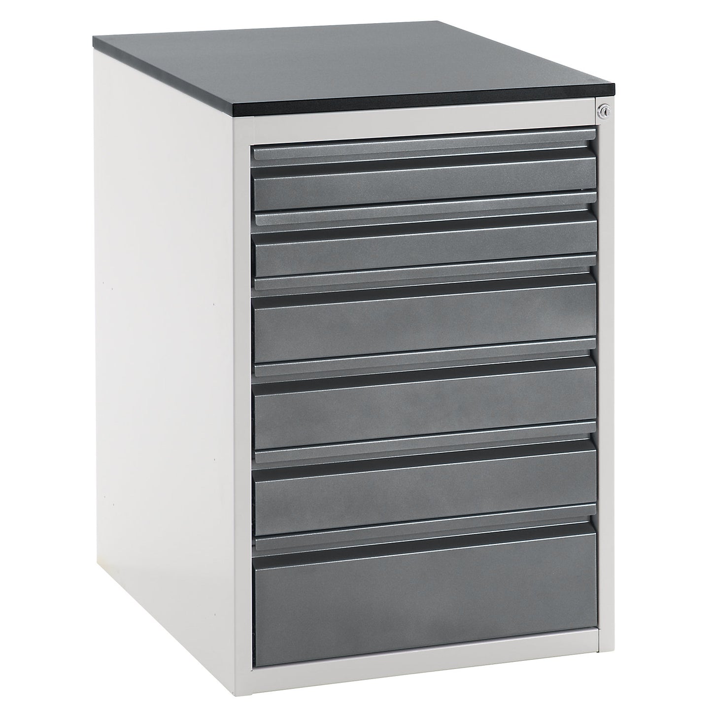 Drawer cupboard with telescopic guides, height 820 mm, drawers: 2 x 90, 3 x 120, 1 x 180 mm, light grey / metallic charcoal, width 580 mm.