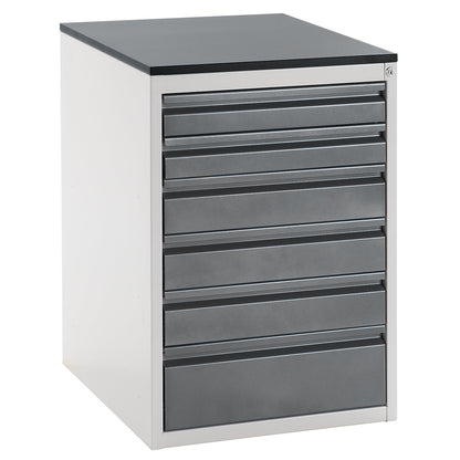 Drawer cupboard with telescopic guides, height 820 mm, drawers: 2 x 90, 3 x 120, 1 x 180 mm, light grey / metallic charcoal, width 580 mm.