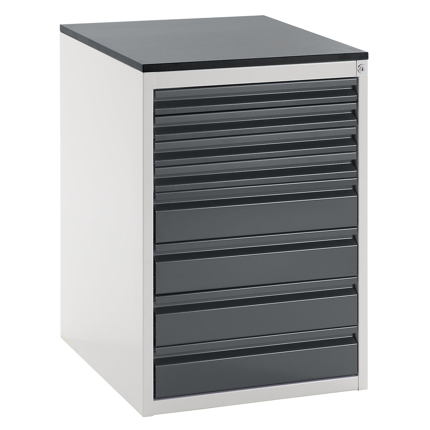 Drawer cupboard with telescopic guides, height 820 mm, drawers: 4 x 60, 4 x 120 mm, light grey / metallic charcoal, width 580 mm.