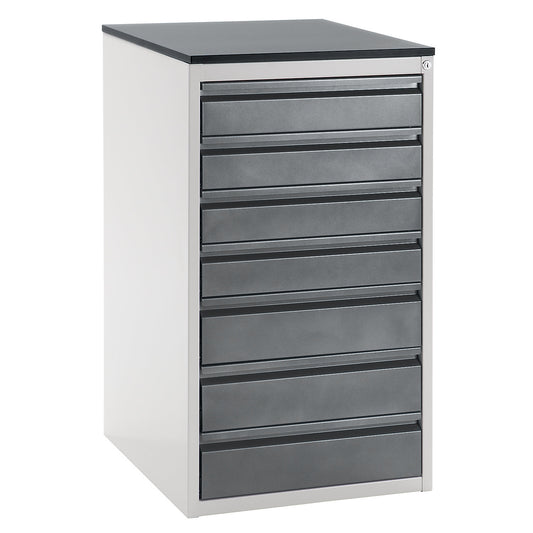Drawer cupboard with telescopic guides, height 1030 mm, drawers: 4 x 120, 3 x 150 mm, light grey / metallic charcoal, width 580 mm.