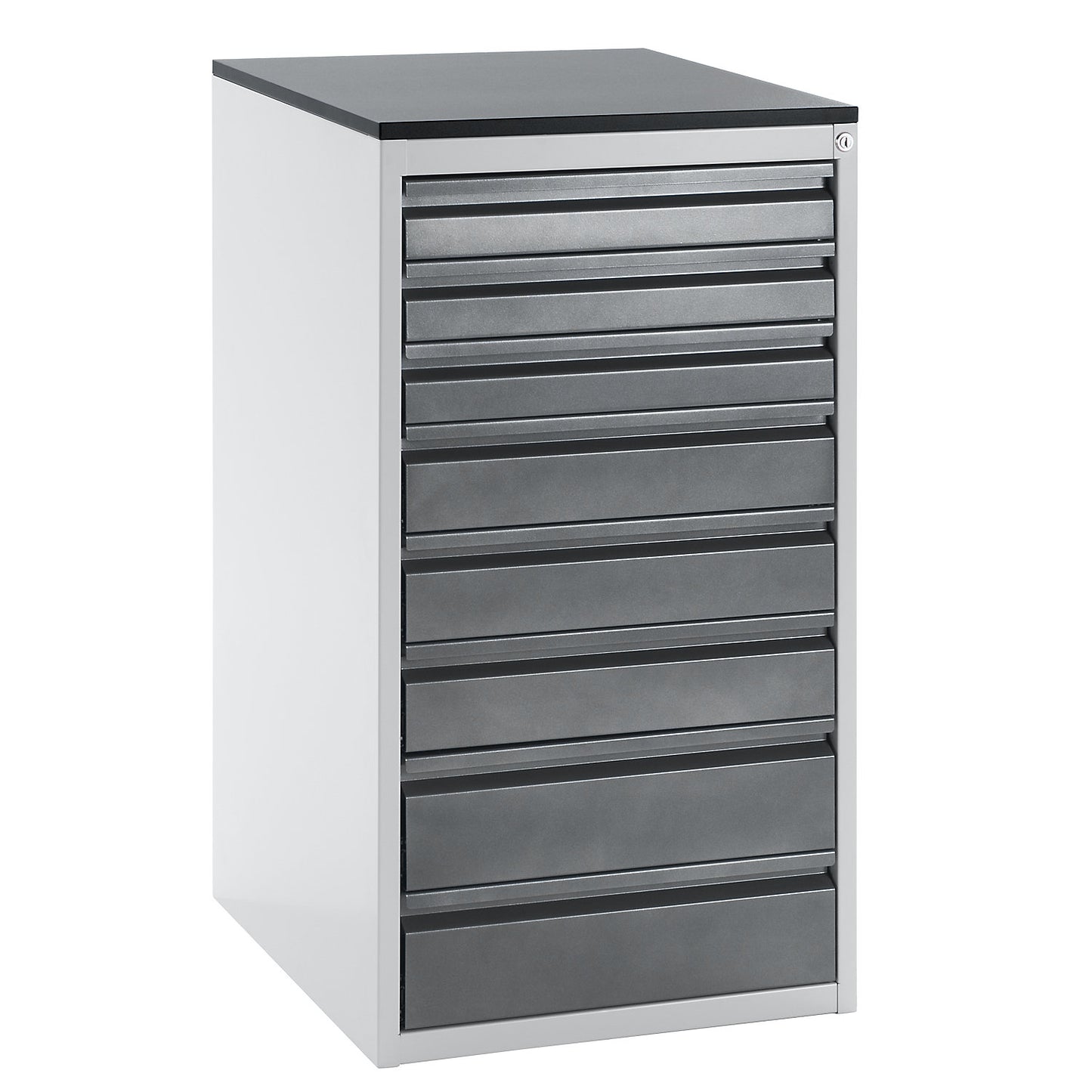 Drawer cupboard with telescopic guides, height 1030 mm, drawers: 3 x 90, 3 x 120, 2 x 150 mm, light grey / metallic charcoal, width 580 mm.