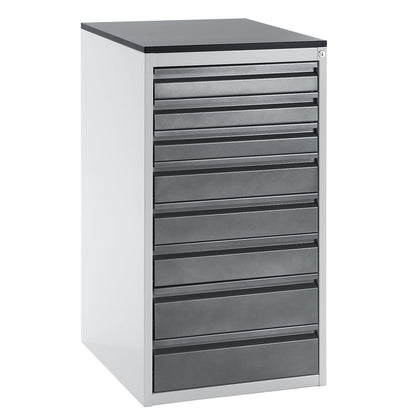 Drawer cupboard with telescopic guides, height 1030 mm, drawers: 3 x 90, 3 x 120, 2 x 150 mm, light grey / metallic charcoal, width 580 mm.