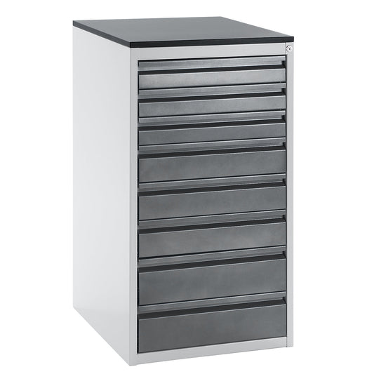Drawer cupboard with telescopic guides, height 1030 mm, drawers: 3 x 90, 3 x 120, 2 x 150 mm, light grey / metallic charcoal, width 580 mm.