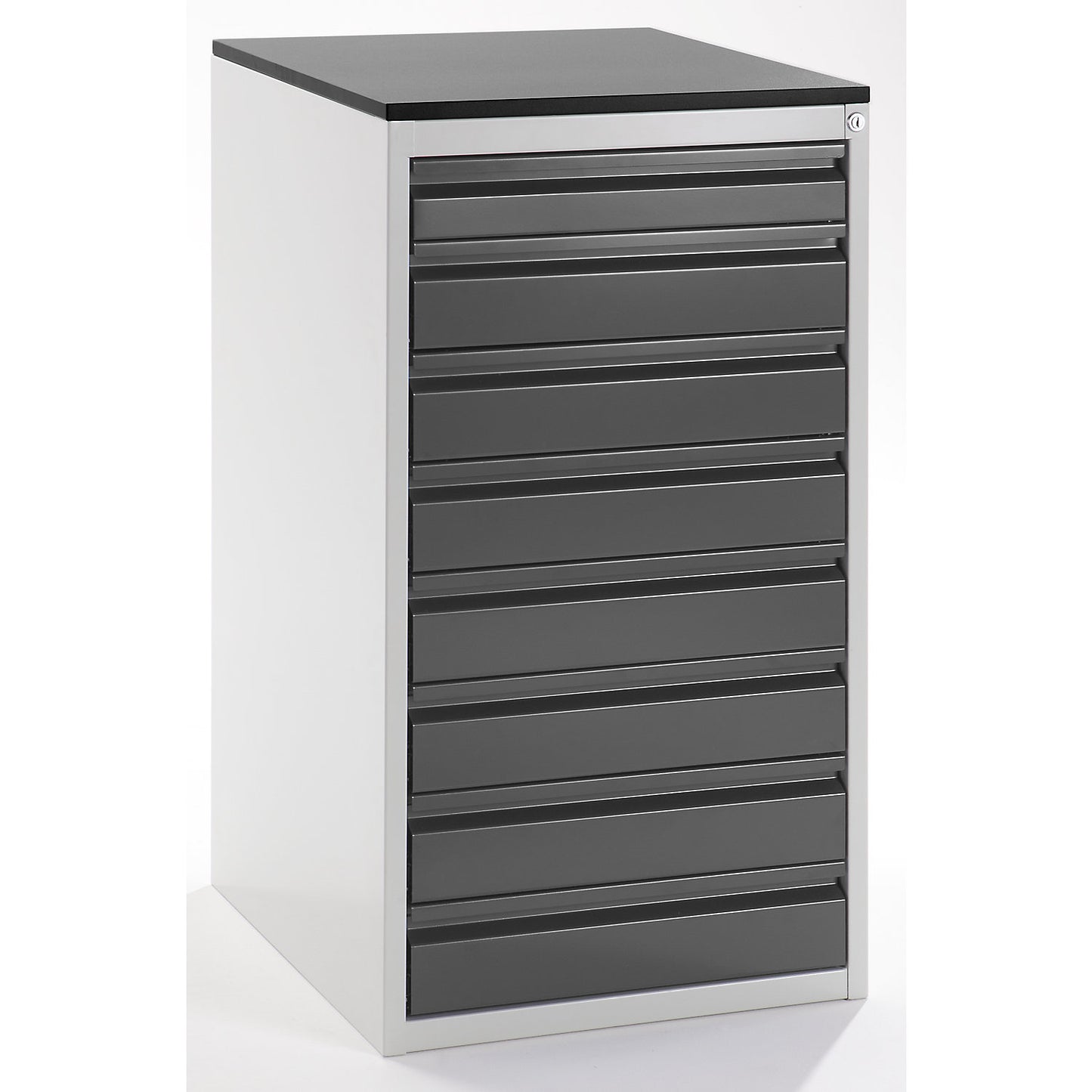 Drawer cupboard with telescopic guides, height 1030 mm, drawers: 1 x 90, 7 x 120 mm, light grey / metallic charcoal, width 580 mm.