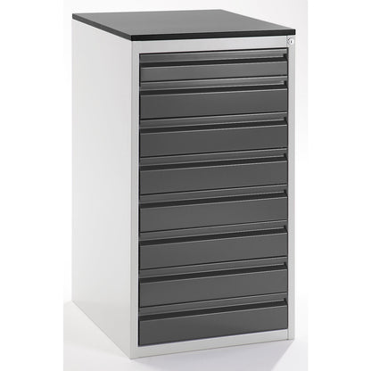 Drawer cupboard with telescopic guides, height 1030 mm, drawers: 1 x 90, 7 x 120 mm, light grey / metallic charcoal, width 580 mm.