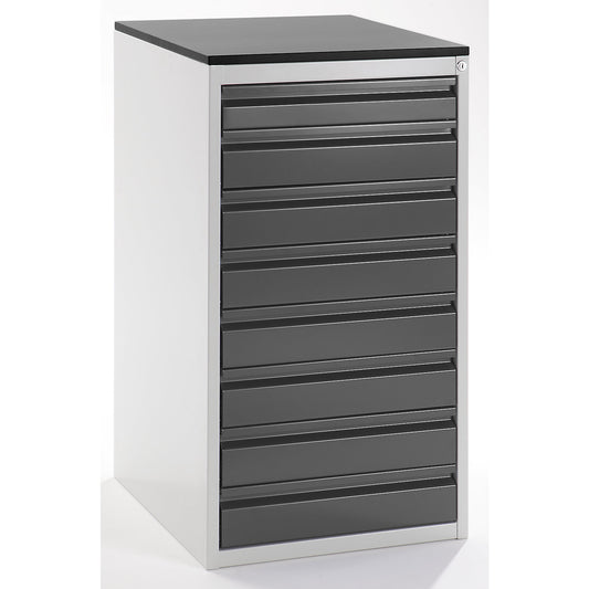 Drawer cupboard with telescopic guides, height 1030 mm, drawers: 1 x 90, 7 x 120 mm, light grey / metallic charcoal, width 580 mm.