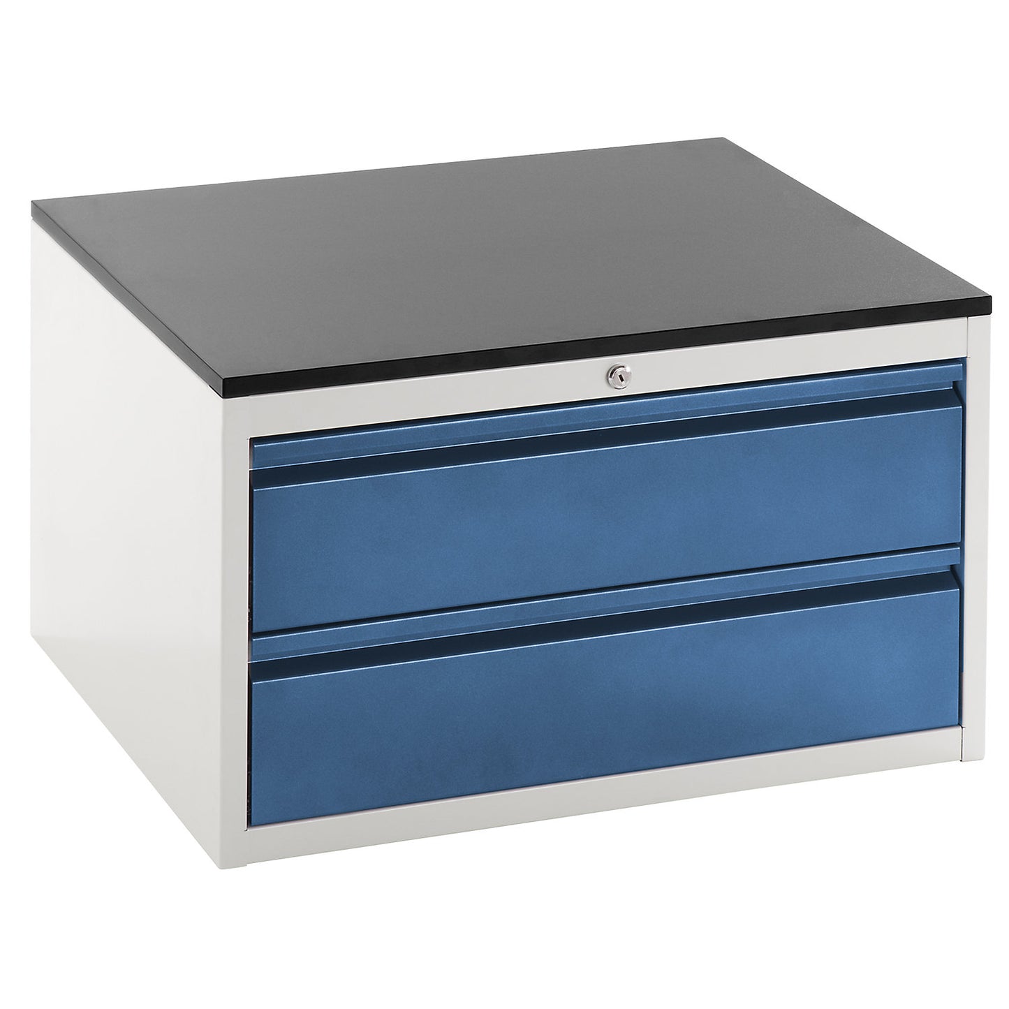 Drawer cupboard with telescopic guides, height 460 mm, 2 x 180 mm drawers, light grey / gentian blue, width 770 mm.