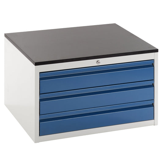 Drawer cupboard with telescopic guides, height 460 mm, 3 x 120 mm drawers, light grey / gentian blue, width 770 mm.