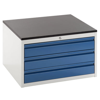 Drawer cupboard with telescopic guides, height 460 mm, 3 x 120 mm drawers, light grey / gentian blue, width 770 mm.