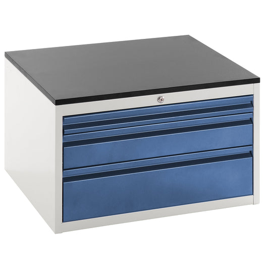 Drawer cupboard with telescopic guides, height 460 mm, drawers: 1 x 60, 1 x 120, 1 x 180 mm, light grey / gentian blue, width 770 mm.