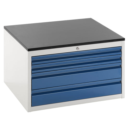 Drawer cupboard with telescopic guides, height 460 mm, drawers: 2 x 60, 2 x 120 mm, light grey / gentian blue, width 770 mm.
