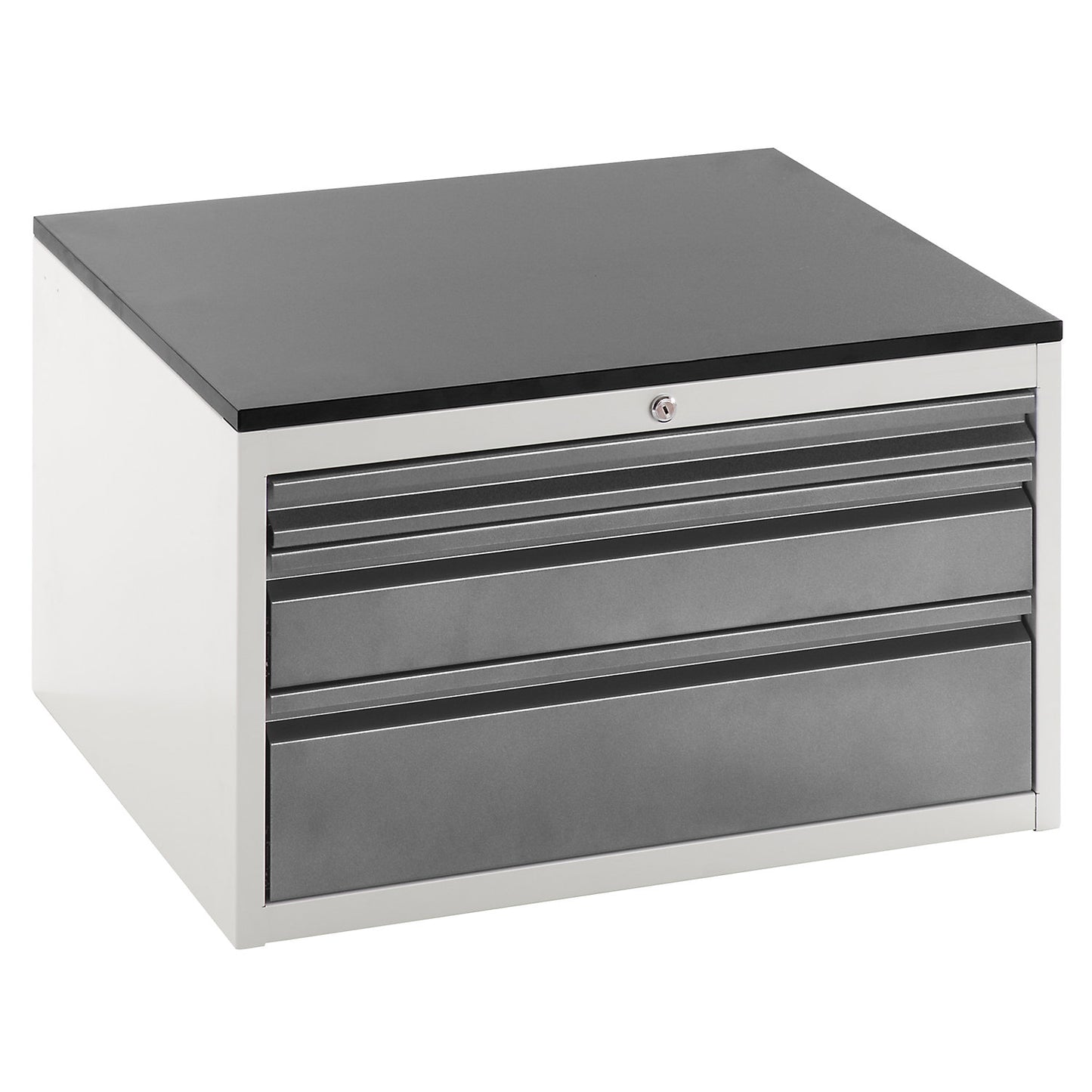 Drawer cupboard with telescopic guides, height 460 mm, drawers: 1 x 60, 1 x 120, 1 x 180 mm, light grey / charcoal, width 770 mm.